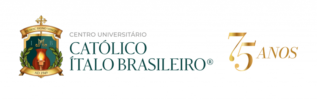 Logotipo do Colégio Católico Ítalo Brasileiro em celebração aos 75 anos, destacando elementos simbólicos e a história da instituição.